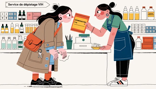 Illustration montrant une jeune femme recevant une pilule de contraception d'urgence (levonorgestrel) d'une pharmacienne dans une pharmacie. La femme, vêtue d'un manteau, a une expression déterminée tandis que la pharmacienne, en tablier, lui tend un sachet. Le fond de la scène révèle des étagères de médicaments et un panneau indiquant un service de dépistage VIH, symbolisant les gestes immédiats à entreprendre après une rupture de préservatif.
