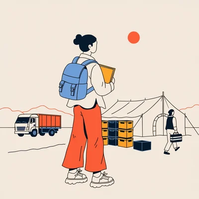 Illustration d’une jeune diplômée avec sac à dos face à une base humanitaire de terrain avec tente médicale, caisses d’aide et camion logistique, un travailleur humanitaire marchant vers la tente.