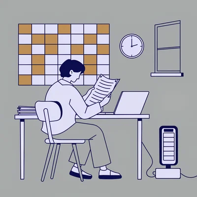 Illustration plate : un étudiant stagiaire assis à son bureau lit sa convention de stage, entouré d'un calendrier mural, d'une horloge et d'un compteur d'heures qui rappellent le seuil de 309 heures de présence avant l'obligation de gratification.