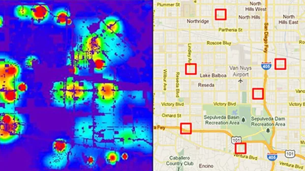 Graphique comparant une carte thermique colorée et un plan des rues de la vallée de San Fernando marqué de carrés rouges pour la prédiction du crime