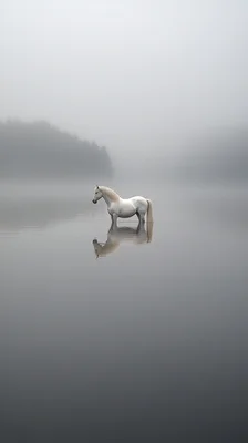 Cheval blanc immobile dans un épais brouillard, évoquant une atmosphère mystérieuse et nocturne
