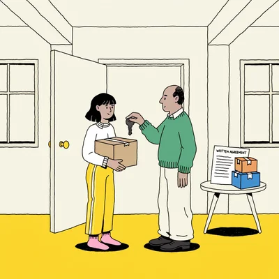 Illustration d’une future acheteuse portant un carton de déménagement face au vendeur tenant une clé, à l’entrée d’un appartement vide avec un contrat écrit posé sur une table à côté.