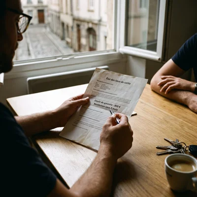 Homme en costume et lunettes passant en revue un document intitulé « État des lieux de sortie », assis à une table en bois avec un café et des clés, symbolisant la procédure de restitution du dépôt de garantie en fin de bail