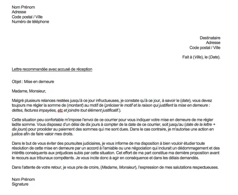Modèle de lettre recommandée avec accusé de réception de type mise en demeure, utilisée pour exiger la restitution d’un dépôt de garantie non restitué par l’ancien propriétaire
