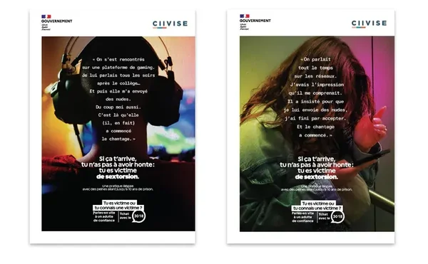 Deux affiches de sensibilisation gouvernementales contre la sextorsion présentant des photographies sombres de jeunes utilisant des appareils numériques avec des textes d'avertissement
