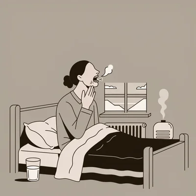 Illustration à plat d'une personne qui se réveille la bouche sèche dans sa chambre, bouche ouverte après une respiration nocturne par le nez bouché, une main posée sur la gorge, avec un verre d'eau à moitié vide, un humidificateur qui émet de la vapeur et un radiateur sous la fenêtre d'hiver.