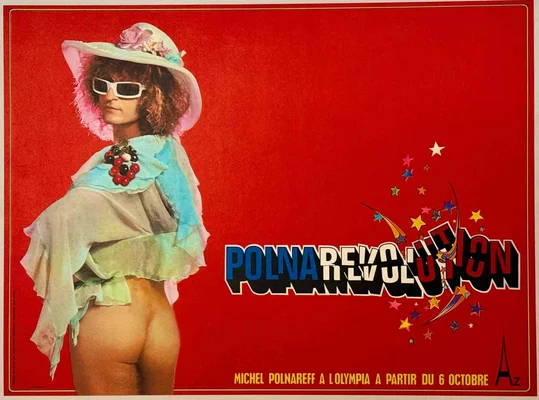 Affiche promotionnelle du concert Polnarevolution de Michel Polnareff à l'Olympia en 1972, artiste en tenue flamboyante devant fond rouge