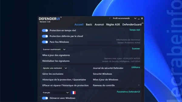 Capture d'écran de l'interface en français du logiciel DefenderUI, affichant les réglages de Microsoft Defender Antivirus : protection en temps réel, paramètres du pare-feu et mise à jour des signatures.