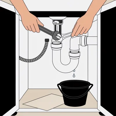 Illustration en coupe du placard sous un évier : deux mains resserrent l'écrou supérieur du siphon en P avec une clé protégée par un chiffon, tandis qu'une goutte d'eau tombe du raccord inférieur dans un seau posé au fond du meuble, à côté d'une feuille de papier absorbant et d'un flexible d'alimentation.