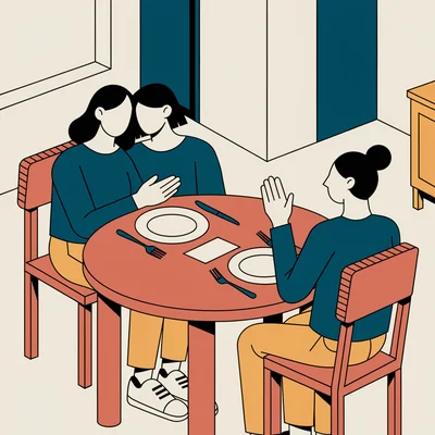 Illustration éditoriale : autour d'une table ronde dressée pour trois, un couple assis côte à côte, épaules rapprochées, invite d'un geste chaleureux la place vide en face ; de l'autre côté de la table, une personne seule lève doucement la paume pour décliner, une carte d'invitation vierge posée entre eux.