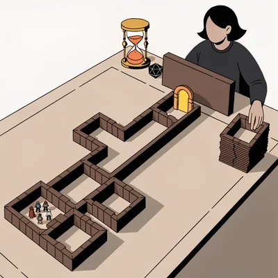 Vue plongeante d'une table de jeu de rôle : un MJ derrière son paravent retire des tuiles de salles d'une grande carte de donjon et les empile à côté ; un sablier et un dé marquent le temps, quatre figurines s'engagent dans un couloir réduit à cinq salles, et une arche éclairée indique le point d'arrêt de la soirée.