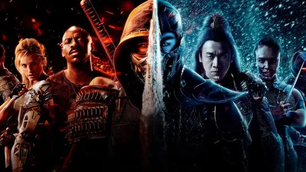 Affiche promotionnelle du film 'Mortal Kombat' avec une composition divisée montrant l'équipe de Earthrealm à gauche et l'équipe de Outworld à droite autour d'une figure centrale