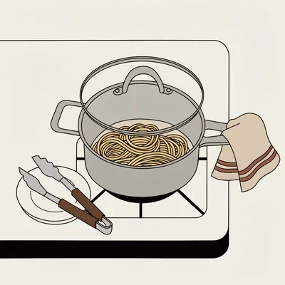 Une casserole avec son couvercle légèrement ouvert, contenant des pâtes cuites et un peu d'eau de cuisson, prête à être égouttée au-dessus de l'évier.
