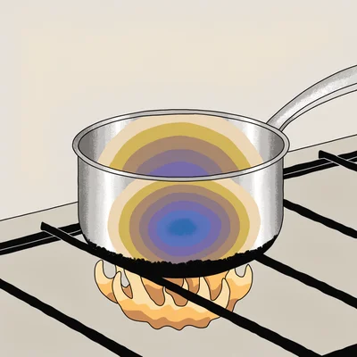Illustration d'une casserole en inox posée sur un brûleur à gaz : le dessous est couvert de suie noire, la flamme est jaune-orange et l'intérieur de la casserole montre des bandes de coloration de chaleur allant du jaune paille au bleu-violet.